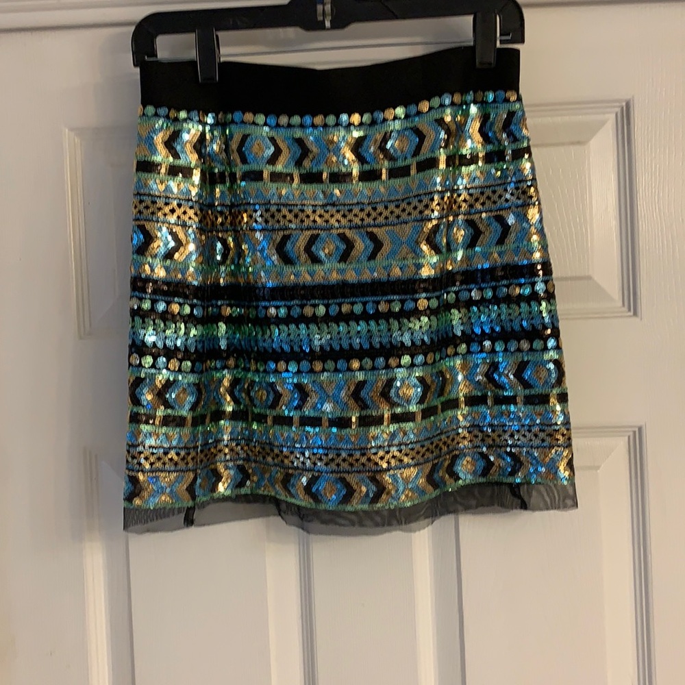 A multi colored mini skirt.